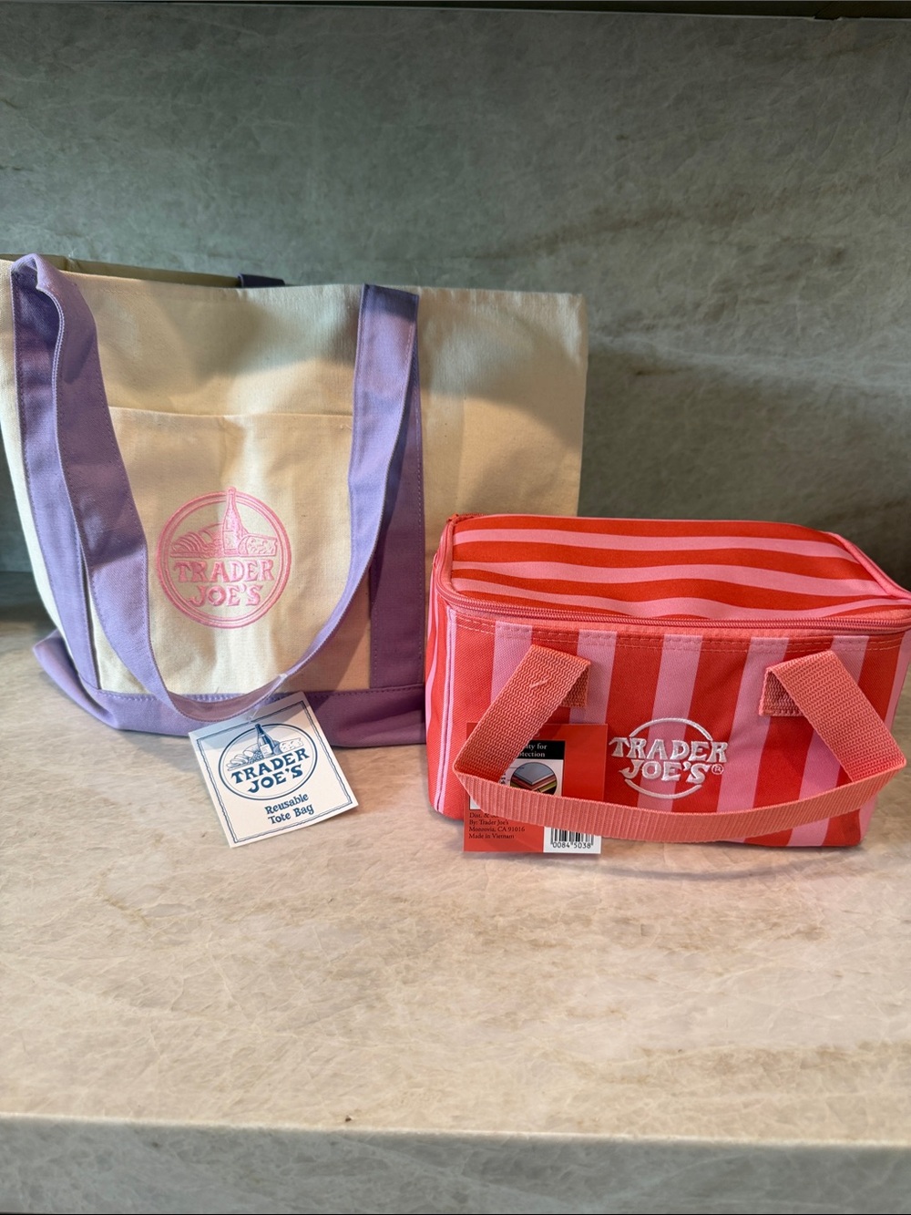 Trader Joe's  Pink & Coral Striped Cooler Bag & large tote bag